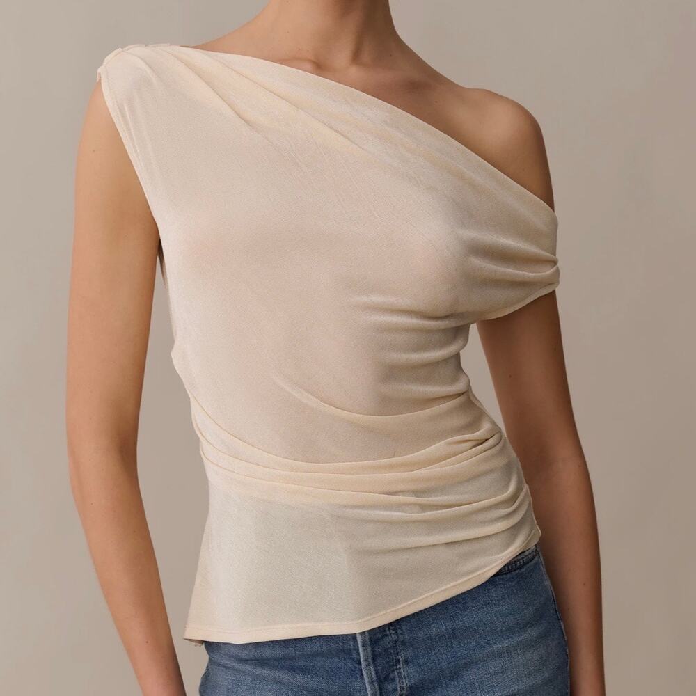 Few Moda Myrine Cream One Shoulder Asymmetric Drape Ruched Knit Top 2 XS Elegant